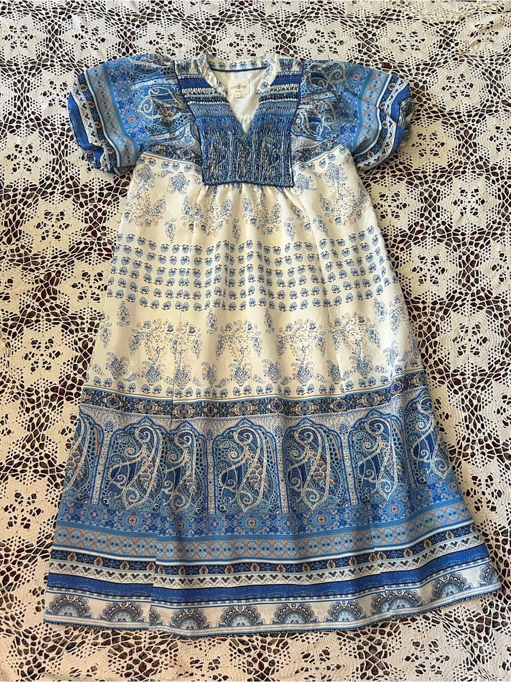 Umgee Blue and White Paisley Smocked Dress